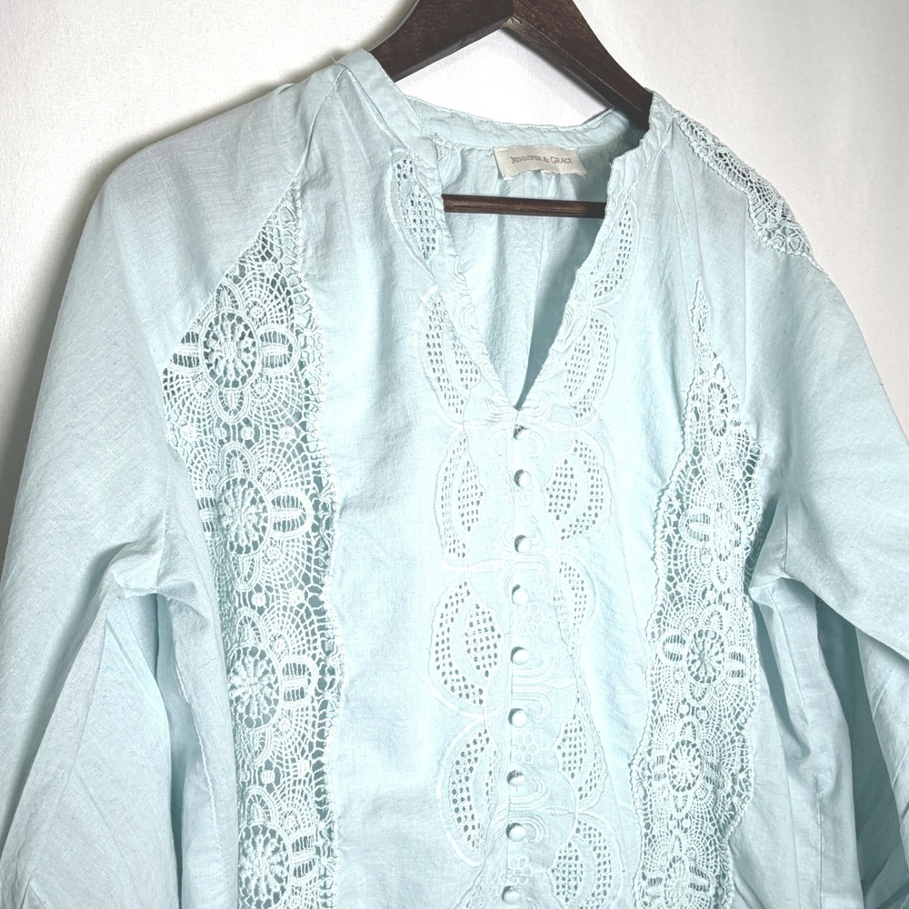 Jennifer & Grace Light Blue Cotton Crochet Lace Boho Blouse Plus Size 1X